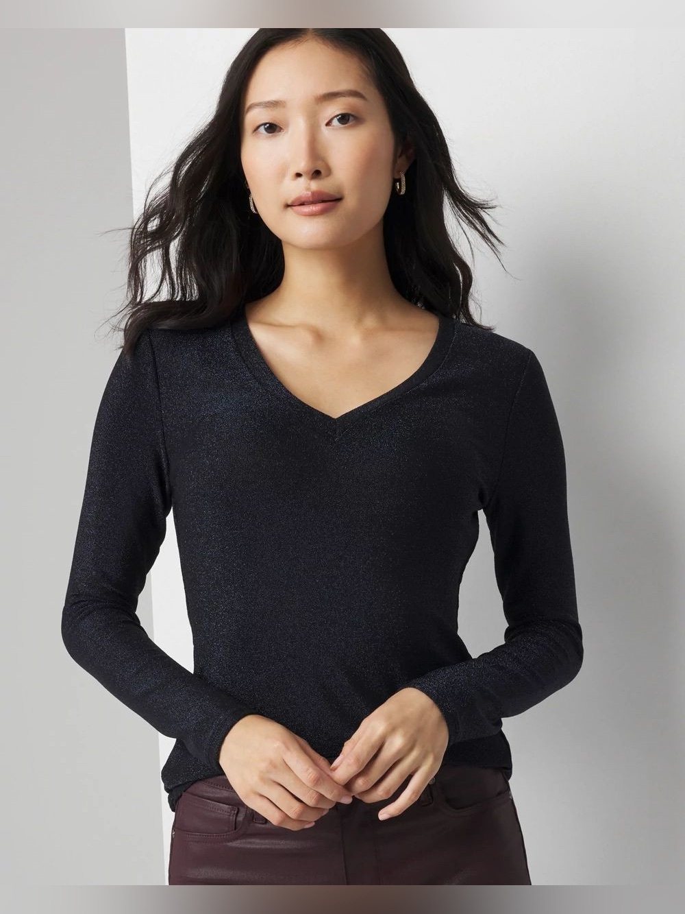 WHBM Long Sleeve Sparkle Knit Top in Officer Blue Metallic NWT M